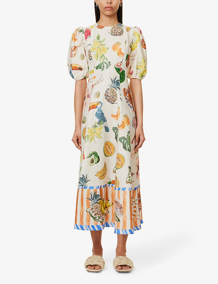 Theo illustrative-pattern linen and cotton-blend midi dress | Selfridges