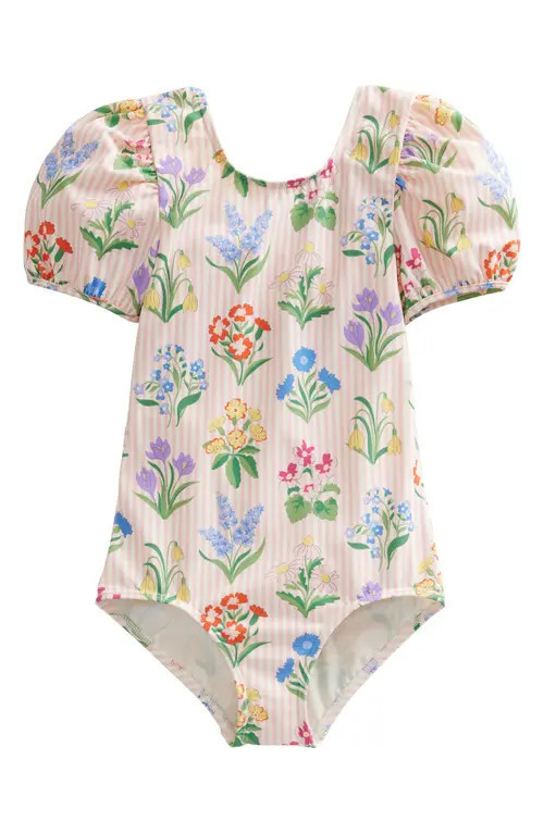 Mini Boden Kids' Floral Stripe Puff Sleeve One-Piece Swimsuit in Spring Garden, Boto Pink at Nord... | Nordstrom