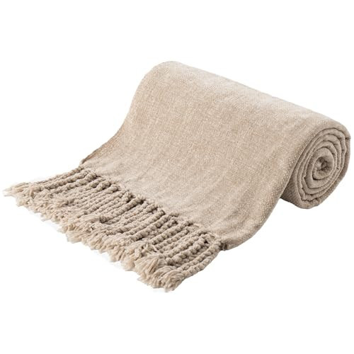 BATTILO HOME Beige Chenille Throw Blanket for Couch, Decorative Fringe Velvety Khaki Tan Throw Blanket for Sofa Home Decor, 50"x60" | Amazon (US)