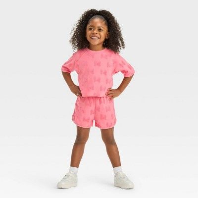 Toddler Girls' Disney Minnie Mouse French Terry Embossed Top and Shorts Set - Pink 5T | Target