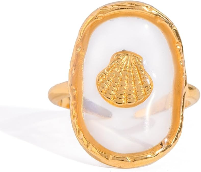 Vintage Sea Shell Statement Ring for Women Stainless Steel Gold Plated Adjustable Pressed Ocean S... | Amazon (US)