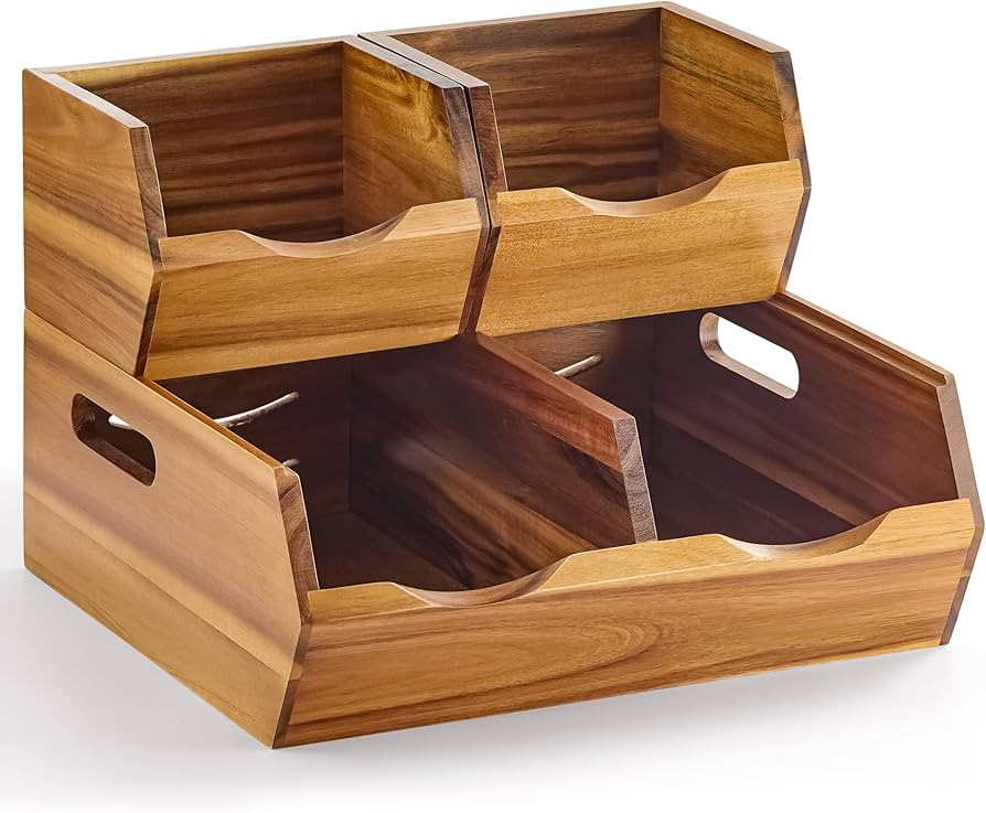 Acacia Wood Pantry Storage Bins - Stackable Open Front Kitchen Baskets with Airflow Vent for Pota... | Amazon (US)