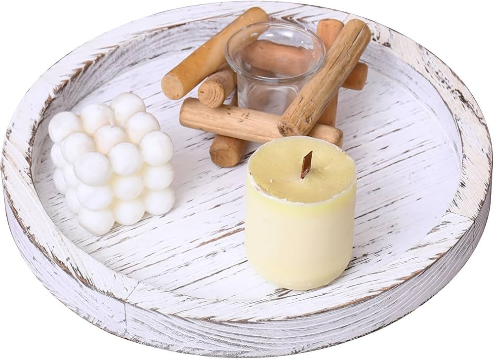 Rustic Wooden Serving Tray – Handcrafted Round Farmhouse Tray, Lightweight Paulownia Wood Decor... | Amazon (US)