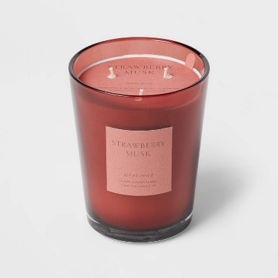 35.8oz Colored Vase Glass with Dustcover Strawberry Musk Candle Red - Threshold™: 3-Wick, Palm Wax, 70hr Burn Time | Target