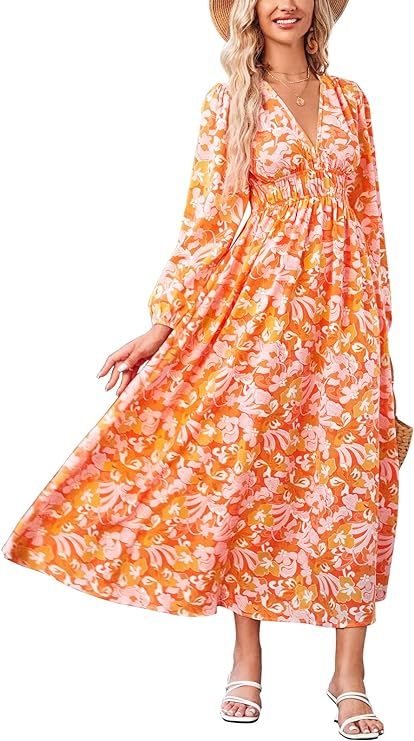 Women's Floral Print Boho Dress Long Sleeve V Neck A-Line Beach Smocked Flowy Maxi Dresses | Amazon (US)