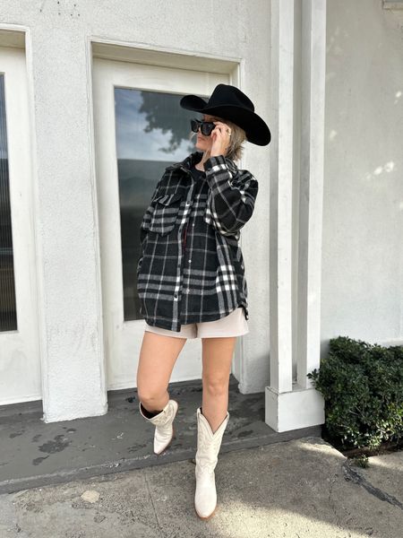Plaid flannel coats from H&M with shorts from Zara. Cowgirl boots from Tecovas. Stetson hat from country outfitters. 
Jacket size S
Trousers shorts size S.

#LTKunder50 #LTKshoecrush #LTKstyletip