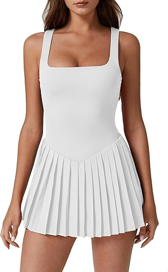 QINSEN Womens Square Neck Tennis Dress Pleated Sleeveless Built in Shorts Golf Athletic Dress wit... | Amazon (US)