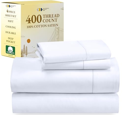 California Design Den 100% Cotton Bed Sheets King Size Set - 400 Thread Count Sateen, Deep Pocket King Sheet Set, King Sheets, Cooling King Size Sheets Set, Softer Than Egyptian Cotton Sheets (White) | Amazon (US)