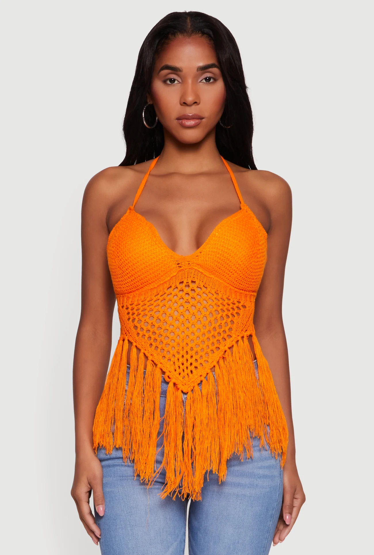Crochet Tie Back Fringe Halter Top | Rainbow Shops