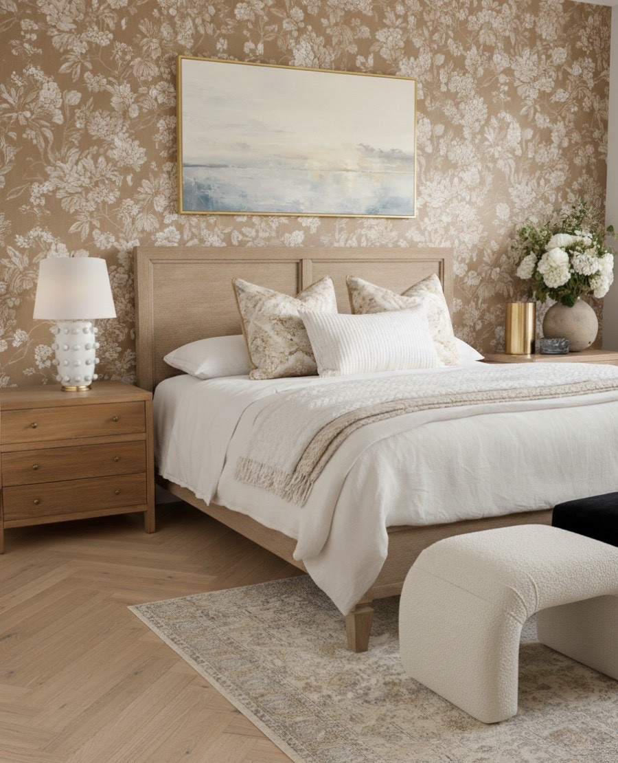 A cozy, elevated retreat. This warm neutral bedroom blends classic comfort with modern organic design. The light oak bed and nightstands pair beautifully with a beige floral wallpaper that adds timeless texture and charm. Layered neutral bedding, tonal throw pillows, and a soft linen duvet create a relaxed, lived-in feel. A boucle bench at the foot of the bed adds sculptural softness, while a ceramic lamp and gold accents bring a hint of sophistication. Finished with an abstract landscape artwork and a neutral vintage-style rug — this space feels warm, calming, and beautifully balanced. 

#LTKFindsUnder100 #LTKHome #LTKSaleAlert
