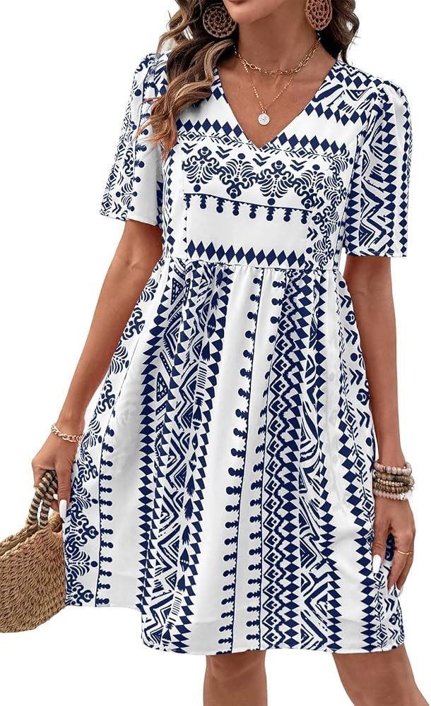 SHEWIN Dresses for Women Geometric Print Loose Fit V Neck Short Sleeve Summer Dress Beach Vacatio... | Amazon (US)