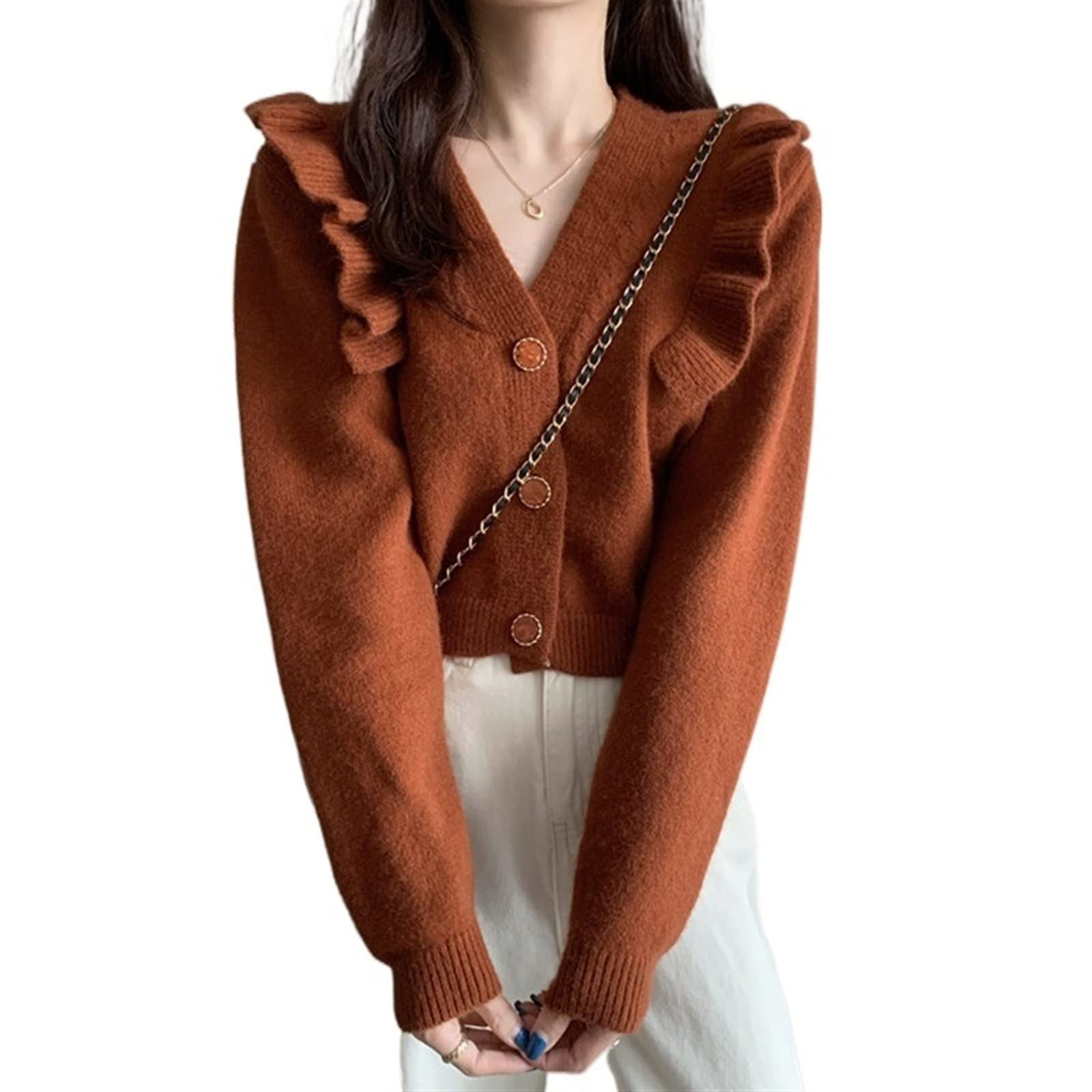HJUGHPN Sweater Women Women's Sweater Ruffle Patchwork Autumn Cardigan Long Sleeve Coat Solid Col... | Amazon (UK)