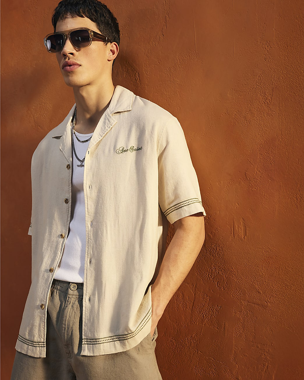 Beige Regular Fit Linen Blend Floral Shirt | River Island UK & IE