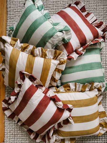 Prettiest cotton striped pillows with ruffles 😍! Ordered them in these three colors to put around our house and outdoor sofa. They do have a zipper so you can wash the cover. Add color, whimsy and happiness to every single room! Linking similar ones in a larger size + linen fabric   *Spring home makeover, refresh, summer home decor ideas. 

#LTKstyletip #LTKhome