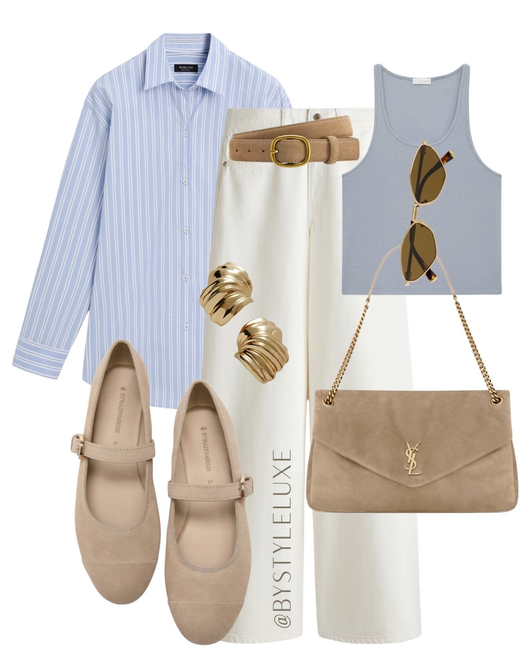 SPRING SHIRT - A wardrobe staple blue shirt styled with white jeans and beige accessories to elevate the outfit 

#jeans #shirt ##springoutfit 

#LTKsummer #LTKspring #LTKshoes