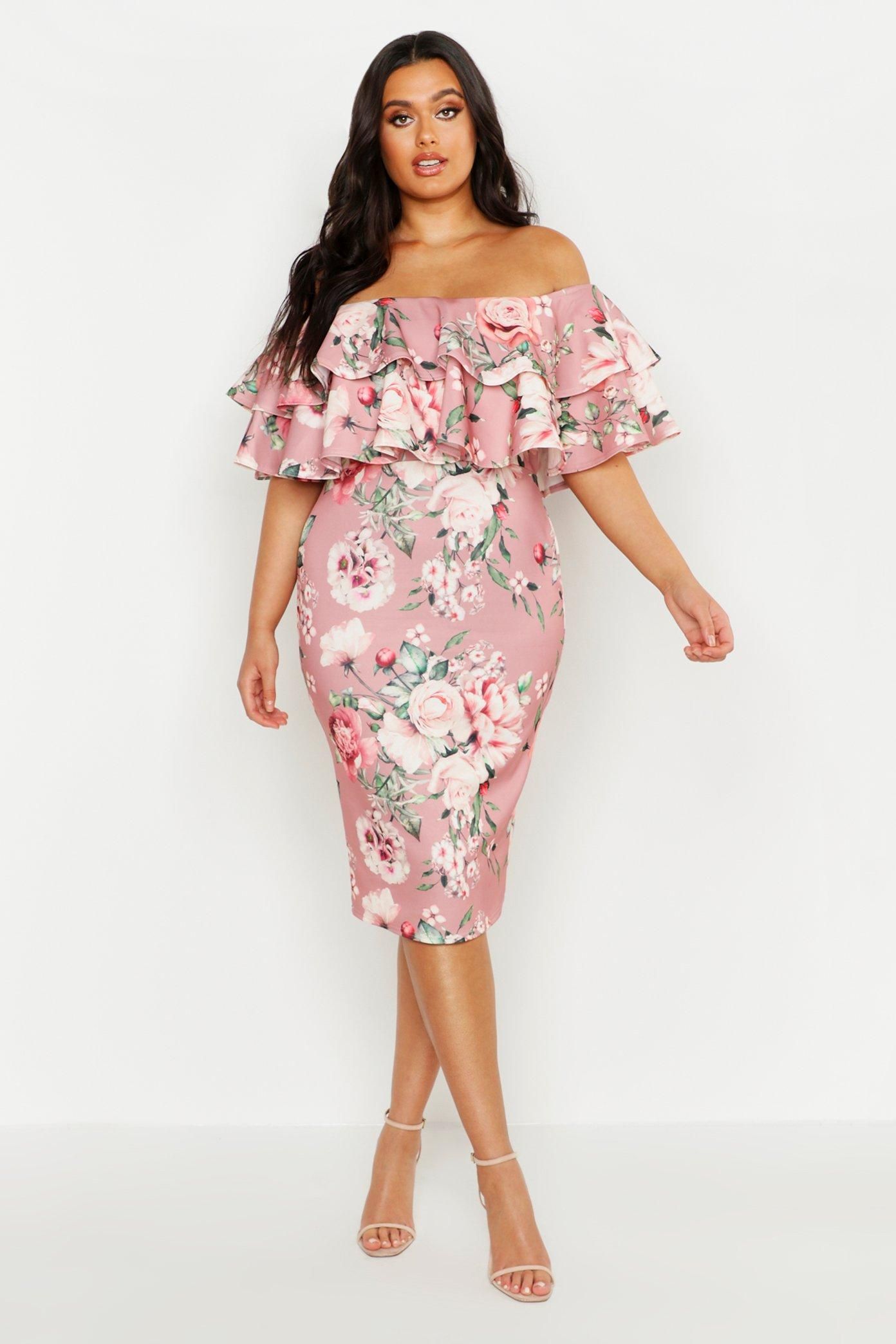 Plus Off Shoulder Floral Ruffle Midi Dress | Boohoo.com (US & CA)