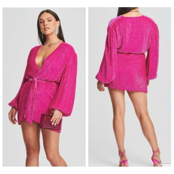 NWT Retrofete Gabrielle Sequin Wrap Robe Mini Dress in Hot Pink size S V Neck | Poshmark
