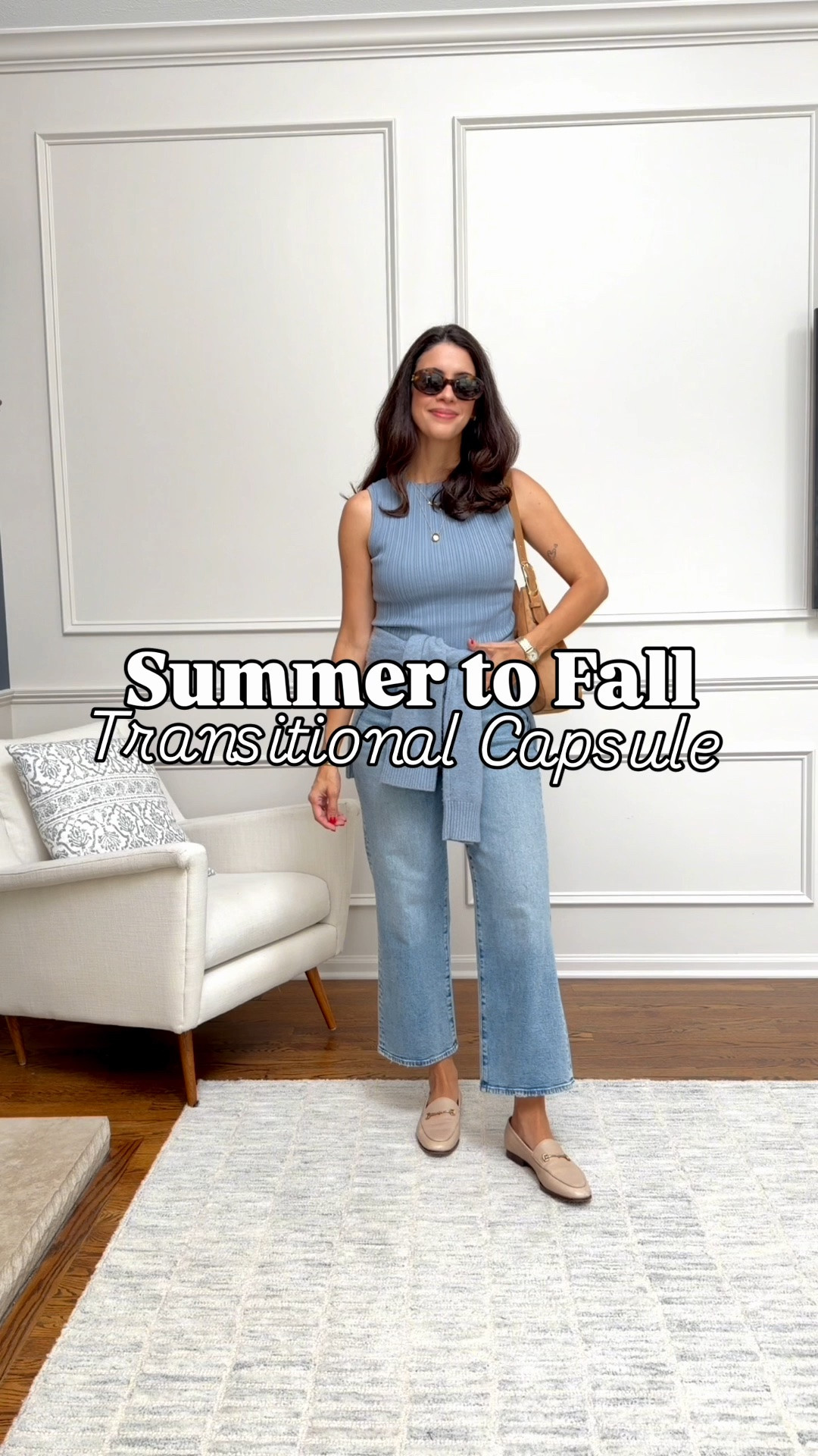 Summer to Fall Staples - 9 pieces to take your wardrobe from summer into fall 🤎

Transitional staples I’m reaching for right now, easy to mix and match, layer as the weather changes, and style multiple ways. 
- I'm 5'6'', 135 Lbs and 34C. Sizing I'm wearing:
• Jeans - TTS, I'm wearing a size 27 in regular length.
• Blue Cashmere Sweater - Size Small
• Cashmere blend tank top: Size Small
• Black Pants size Small
• Sweater Tee size Small
• White Jeans size 27 in regular length.
• Striped top size Small
• Dress - Size 4 (Linked similar/more affordable option!)
• Cashmere Cardigan - Size Small

#LTKgrwm #LTKSeasonal #LTKxMadewell