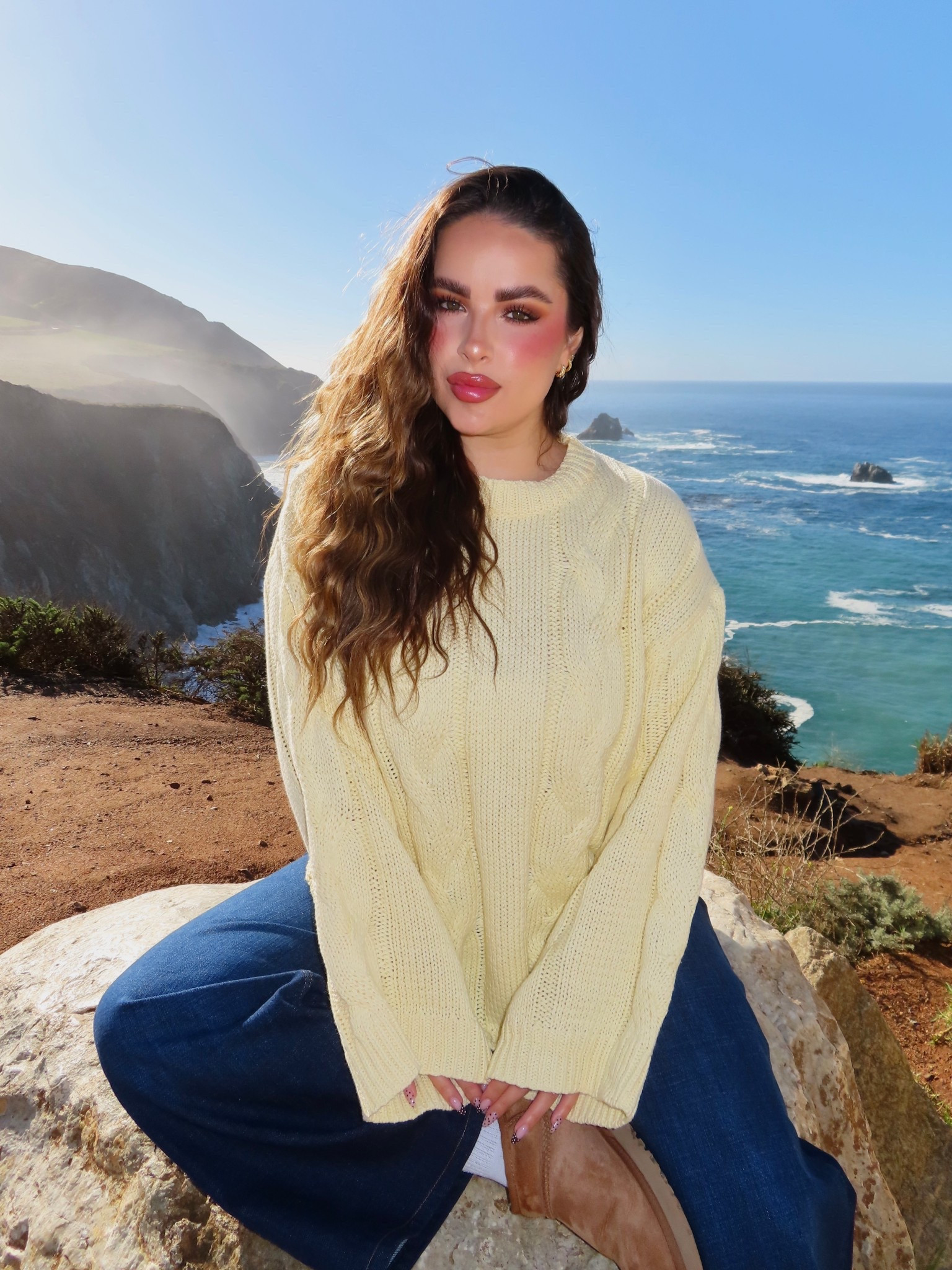 ootd in big sur 💛 sweater is @shoprebelflow on instagram I can’t link it but linked similar ones as well!! #ootd #fallootd #winterootd #sweater #yellowsweater 