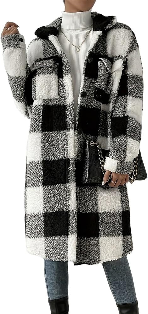 Women Long Sleeve Fuzzy Fleece Open Front Cardigans Jacket Coat Button Down Flannel Fleece Plaid ... | Amazon (US)