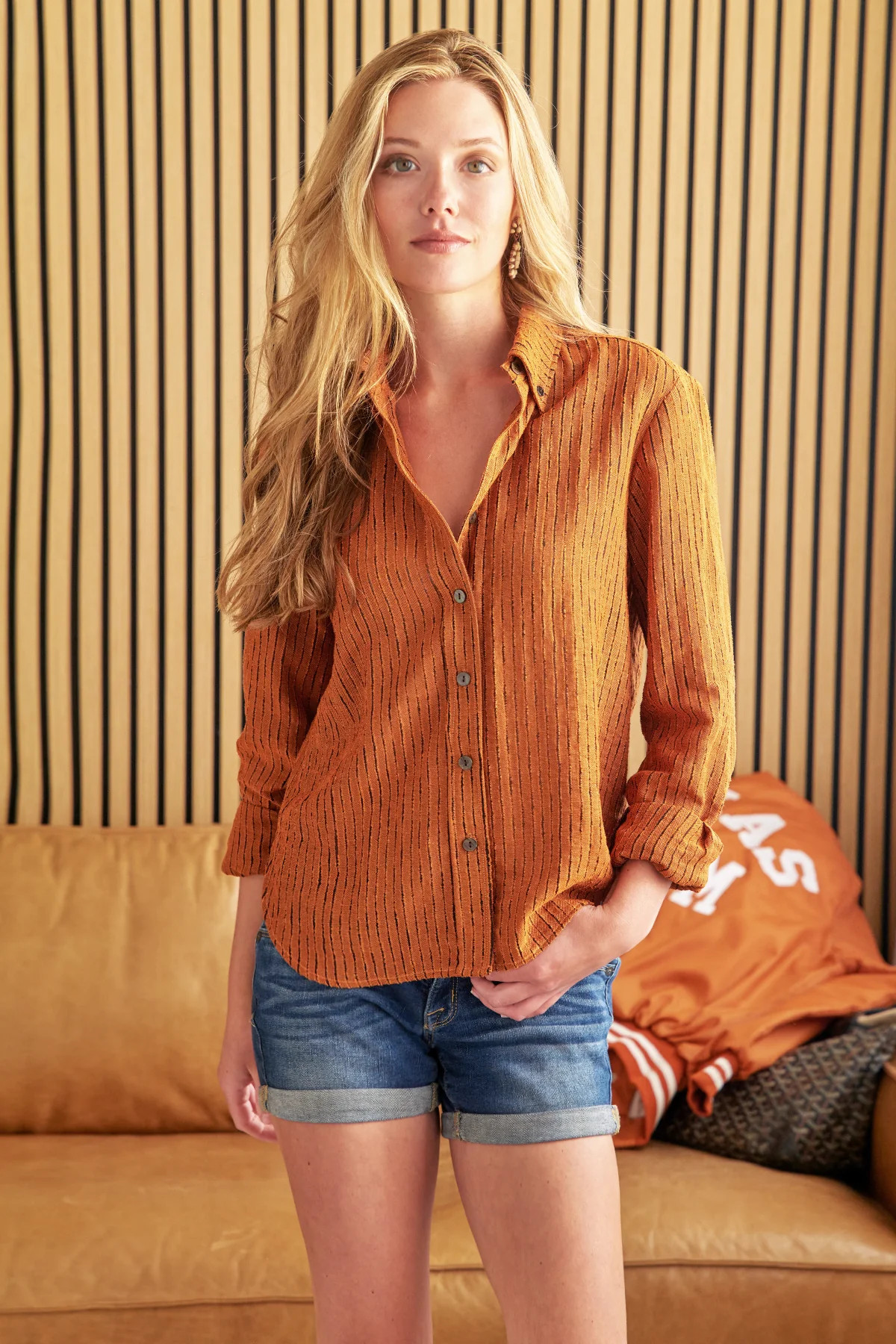 GAMEDAY!! Preppy Shirt Burnt Orange Open Weave Stripe | Finley Shirts