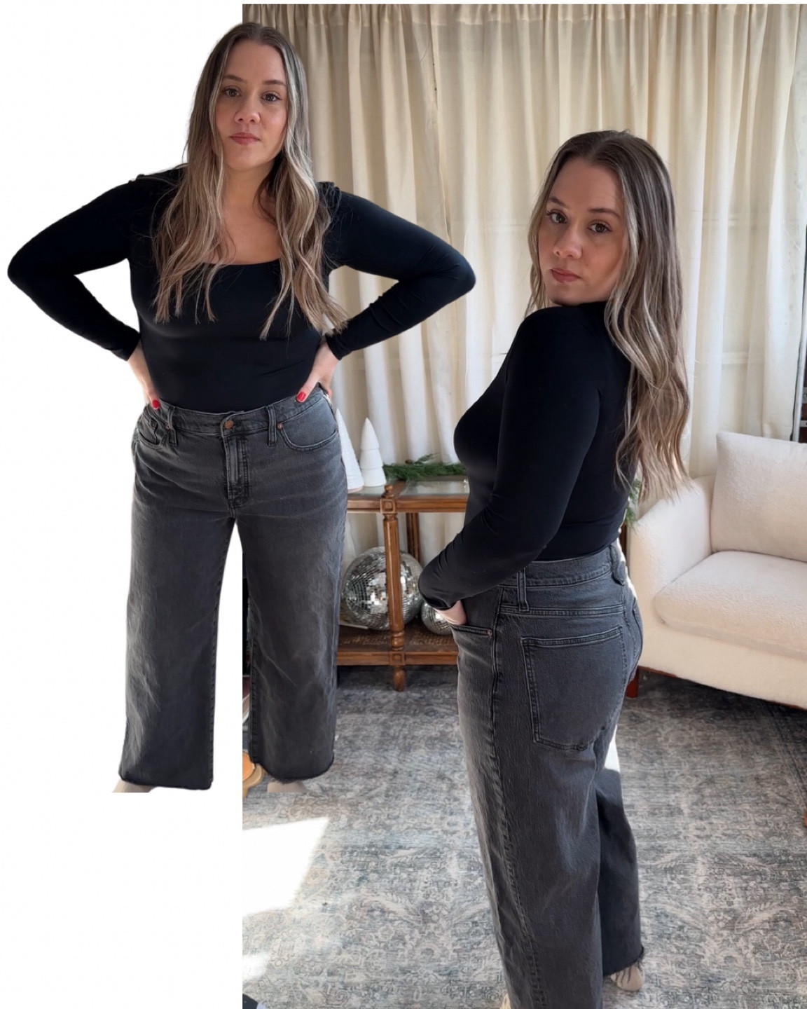 This entire line at madewell is awesome 

These have stretch. I suggest going down one if inbetween

I linked a darker wash black too for another fully in stock option. 

Black wide leg madewell jeans