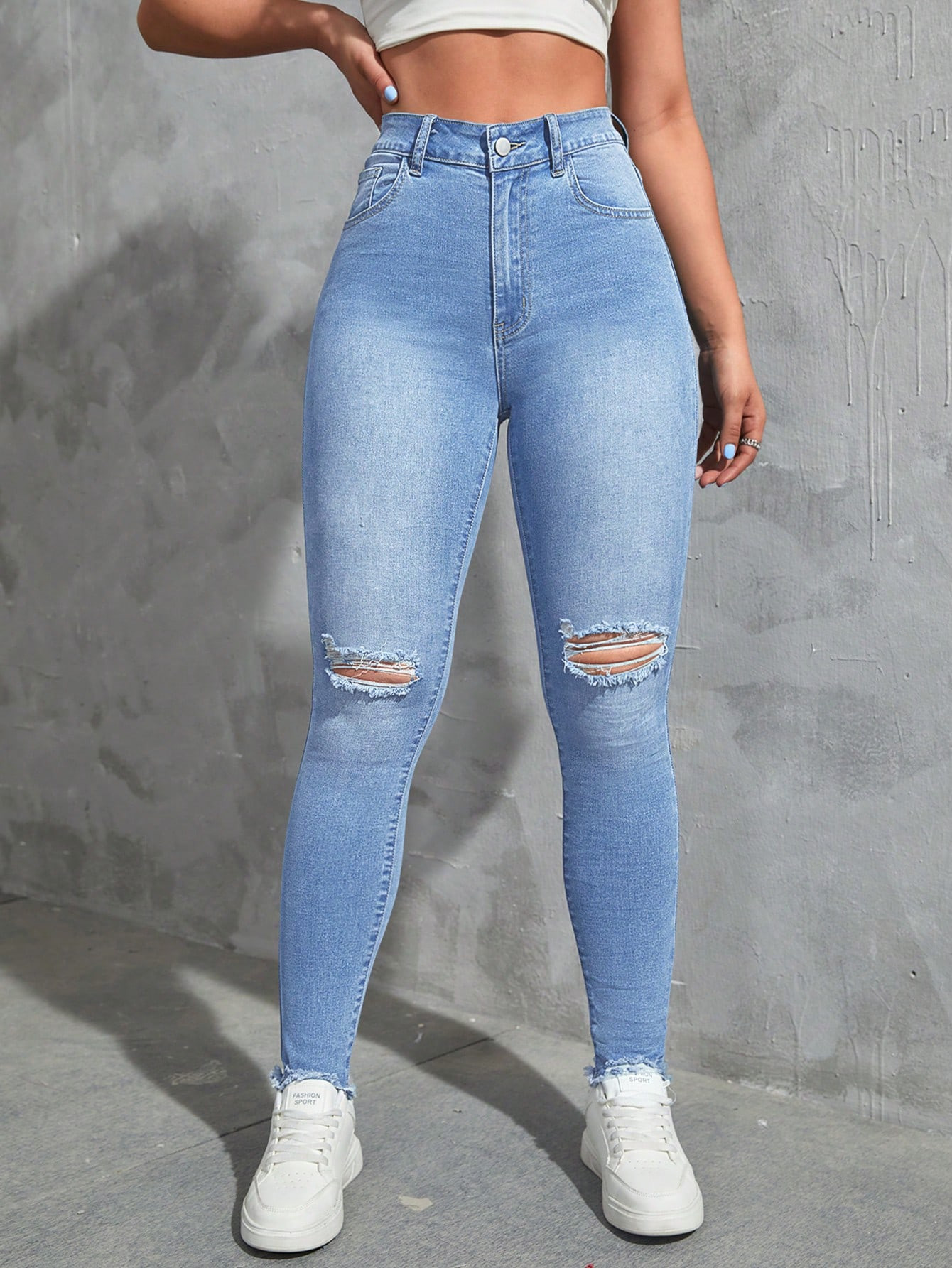 SHEIN EZwear High Waist Ripped Raw Hem Skinny Jeans | SHEIN
