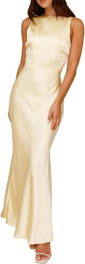 Summer Satin Maxi Dresses for Women 2026 Elegant Classy Silk Formal Sleeveless Backless Spaghetti... | Amazon (US)