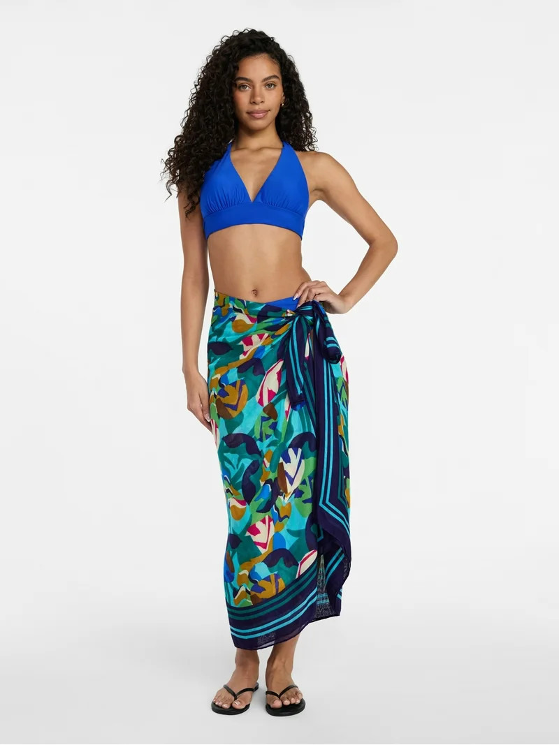 Time and Tru Women's Printed Pareo, One Size, Abstract Tropical Teal Moon | Walmart (US)
