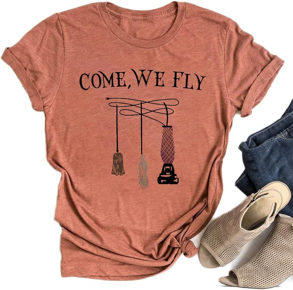 MYHALF Come We Fly Halloween Tees Women Hocus Pocus Shirt Letter Printed Graphic Witch Broom Tops | Amazon (US)