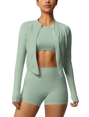 3 Piece Workout Sets for Women High Waisted Seamless Shorts Crop Top Jacket Gym Yoga Outfit Stretchy Sports Bra Set | Amazon (US)