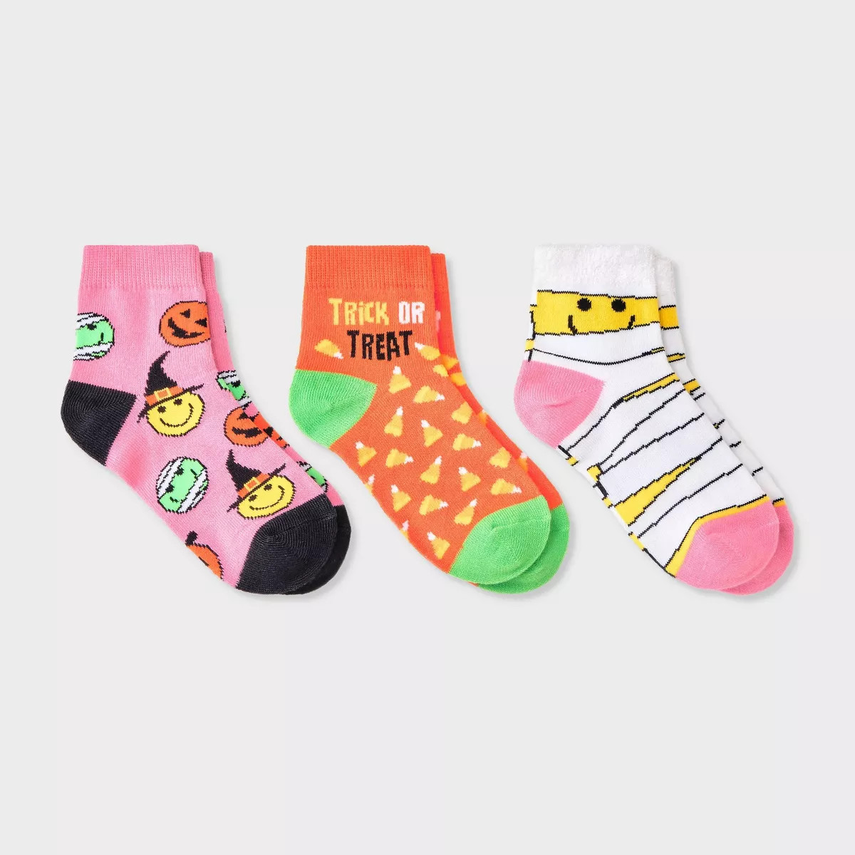 Kids' 3pk Halloween Mummy and Smiley Ankle Socks - Cat & Jack™ Pink/Orange/White | Target