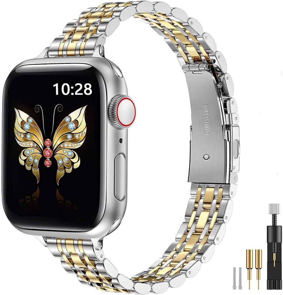 MioHHR Slim Metal Band Compatible with Apple Watch Band 41mm 40mm 38,mm,Dressy Stainless Steel Ch... | Amazon (US)