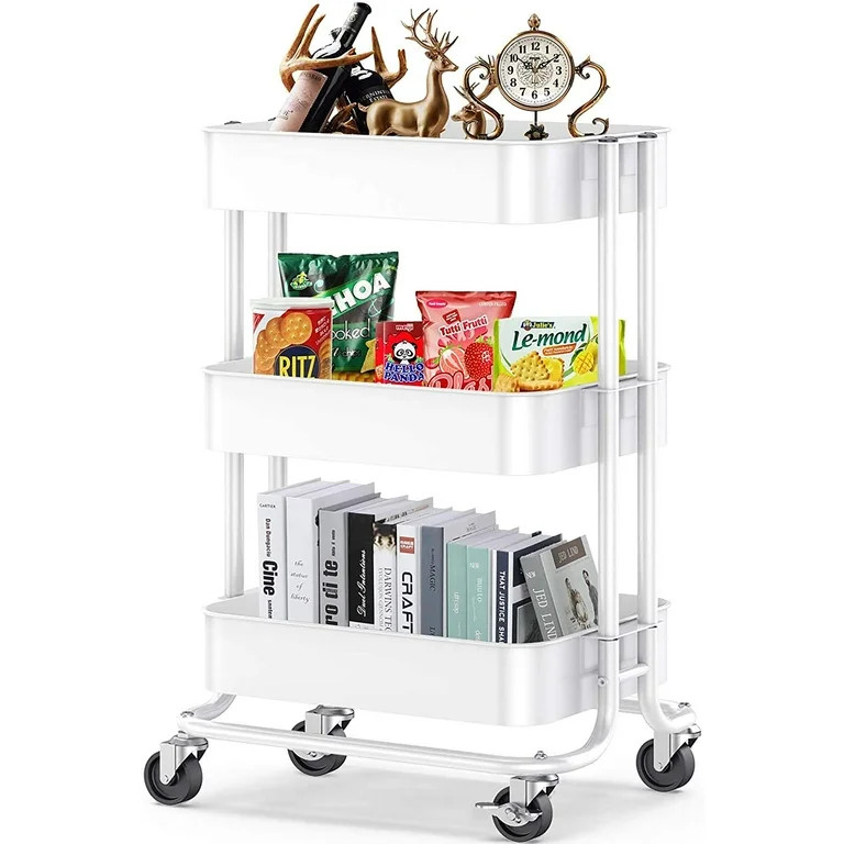 3-Tier Metal Rolling Utility Cart, Multifunction Storage Cart Organization Cart with 2 Lockable W... | Walmart (US)