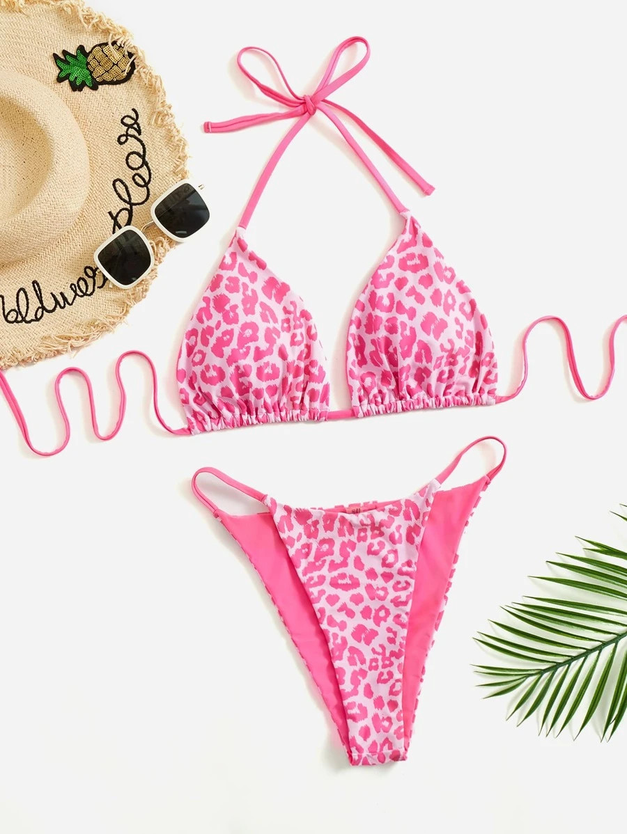SHEIN X Hangout Fest Plus Leopard Halter Triangle Bikini Swimsuit | SHEIN