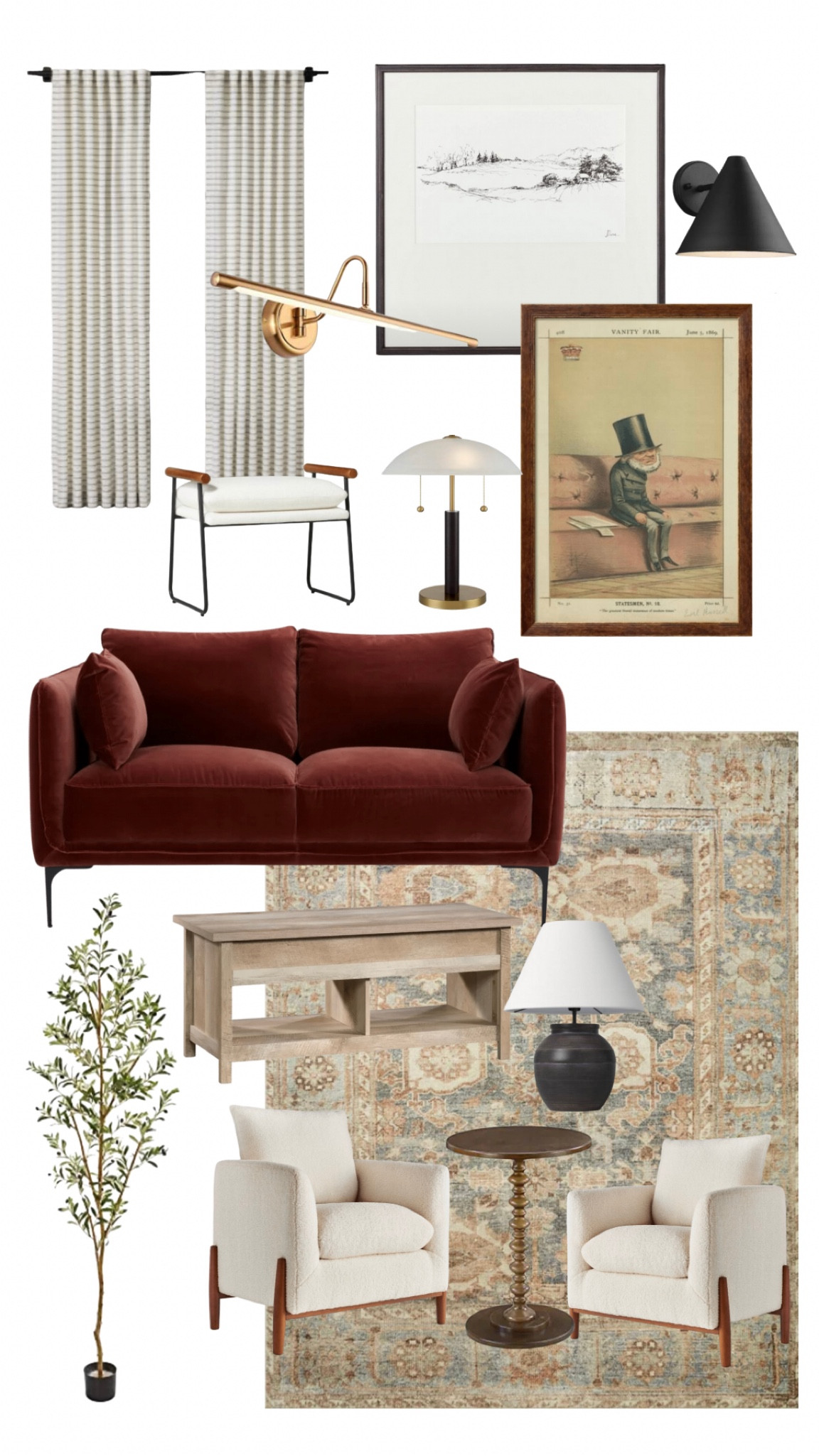 Office furniture, loveseat, velvet sofa, red sofa, ottoman, area rug, faux tree, olive tree, lamp, picture light, sconce, art prints, frames, lift top coffee table, striped curtains, gold curtain rod

#LTKhome