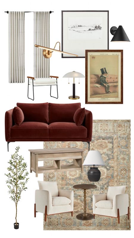 Office furniture, loveseat, velvet sofa, red sofa, ottoman, area rug, faux tree, olive tree, lamp, picture light, sconce, art prints, frames, lift top coffee table, striped curtains, gold curtain rod

#LTKhome