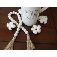 White wood bead garland with jute tassels, boho home decor, jewelry for the home, rustic bead garland, farmhouse beads | Etsy (US)