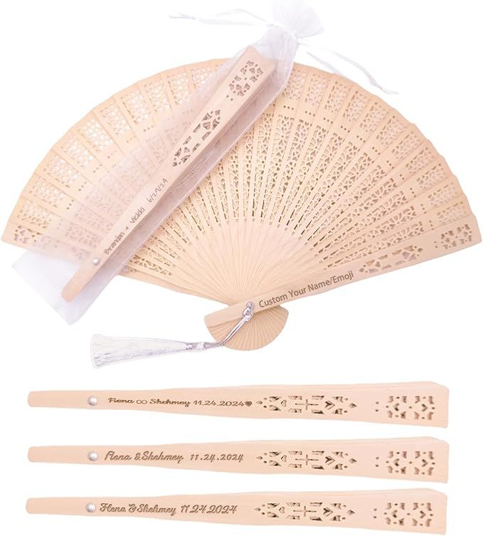 Wedding Fans 20Pcs Personalized Folding Hand Fans Custom Sandalwood Wedding Fans with Organza Bag... | Amazon (US)