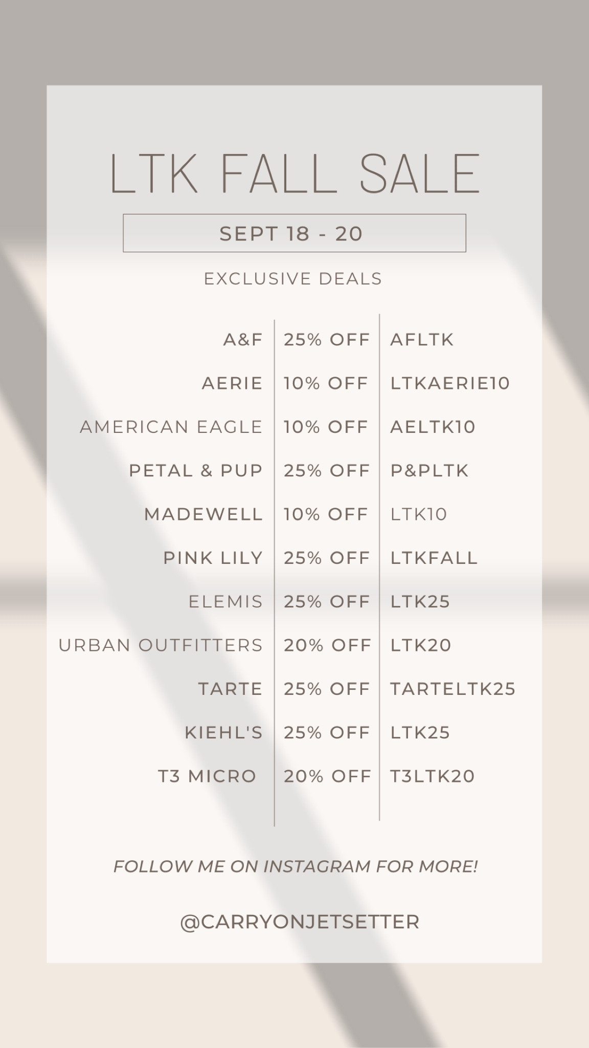 LTK SALE DISCOUNT CODES
#abercrombie #af #aerie #americaneagle #petalandpup #madewell #pinklily #elemis #urbanoutfitters #tarte #kiehls #t3micros

#LTKsalealert #LTKSeasonal #LTKSale