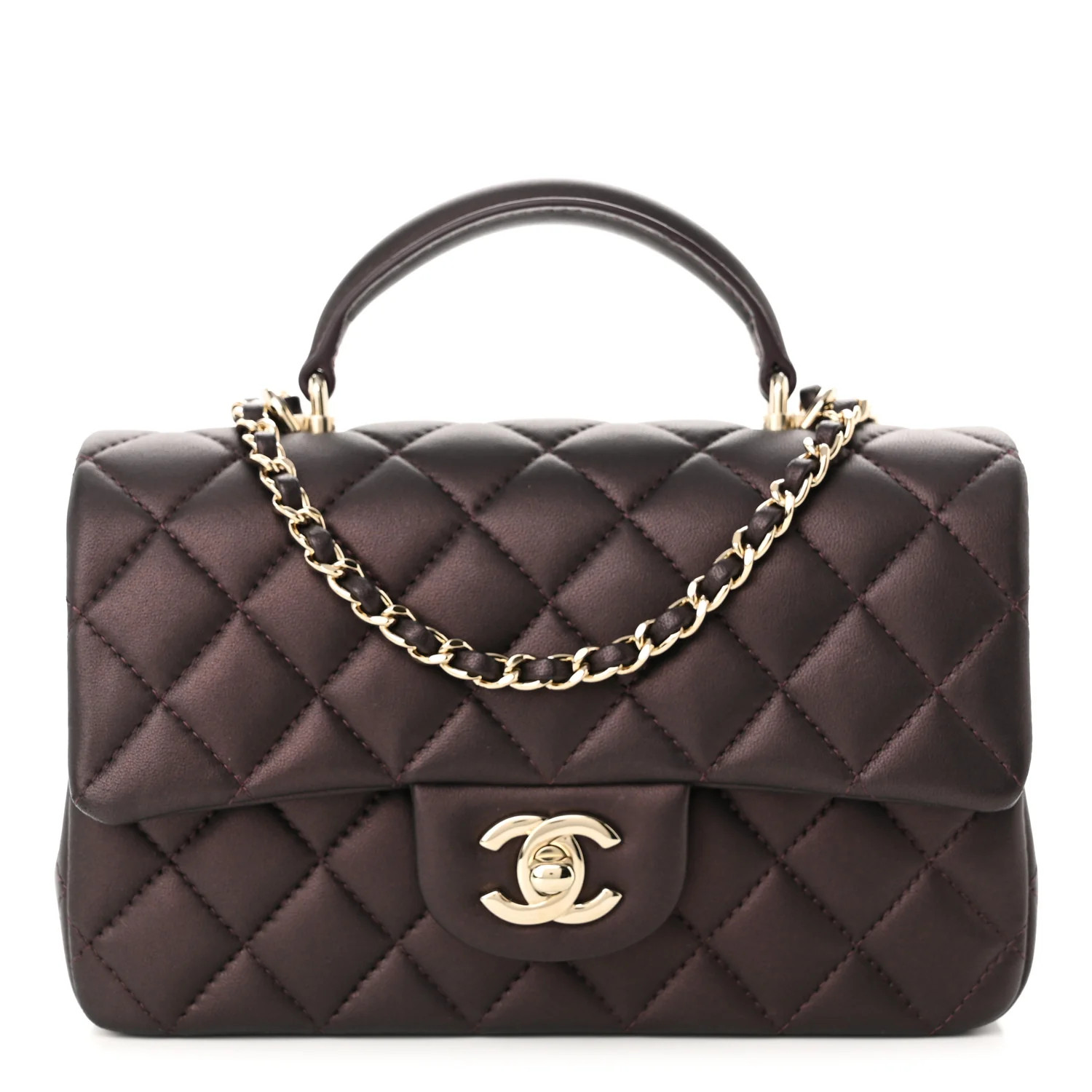 Iridescent Lambskin Quilted Mini Top Handle Rectangular Flap Burgundy | FASHIONPHILE (US)
