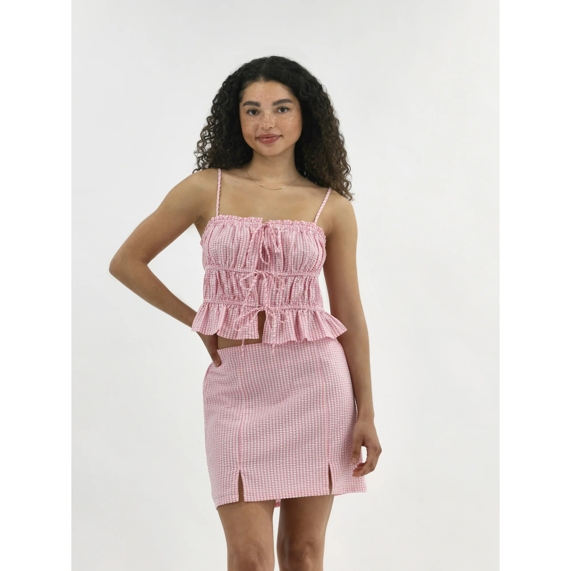 No Boundaries Women's Tie Front Top and Slit Mini Skirt Set, 2-Piece, Sizes XXS-XXL | Walmart (US)