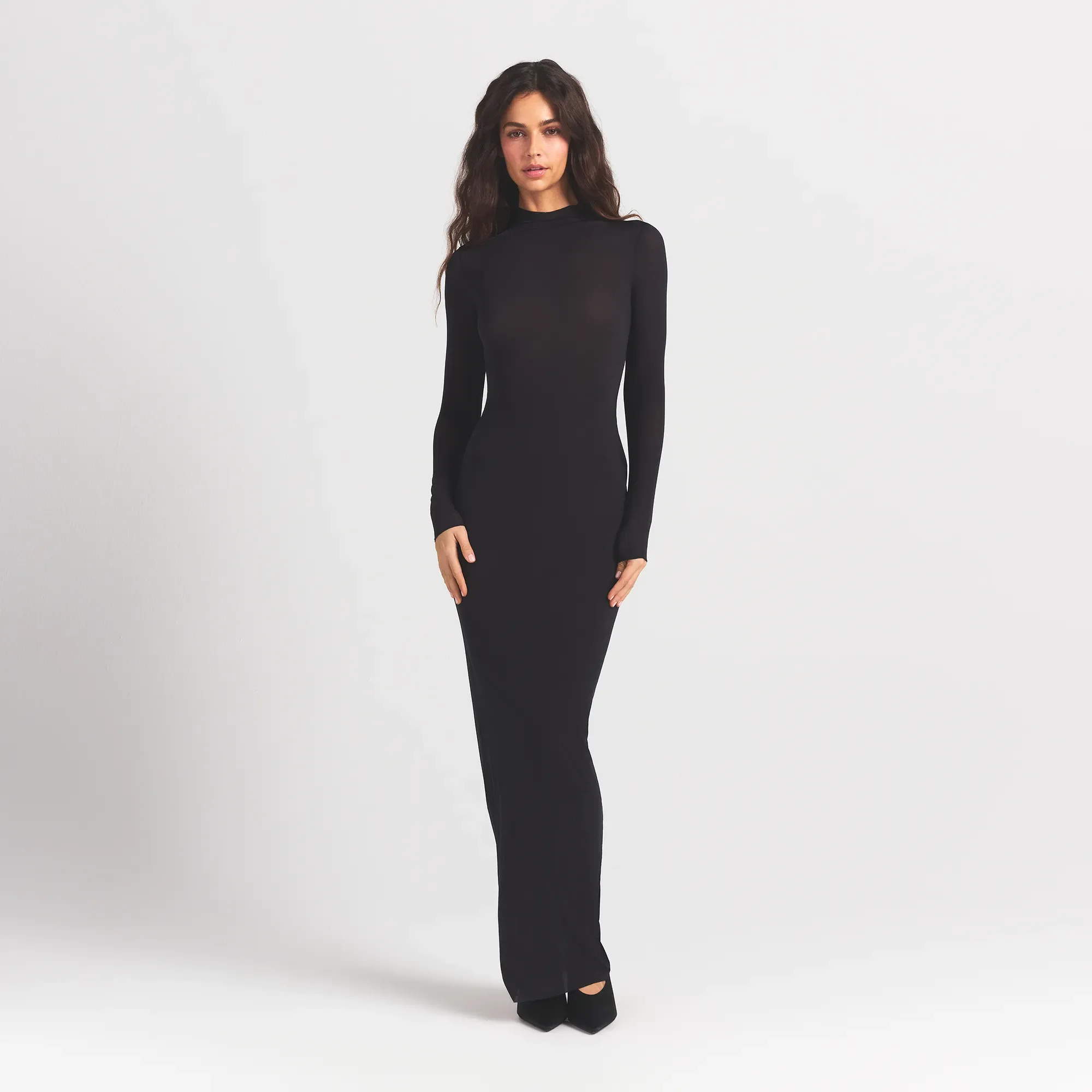 MILKY SHEER MOCK NECK LONG SLEEVE LONG DRESS | OBSIDIAN | SKIMS | SKIMS (US)