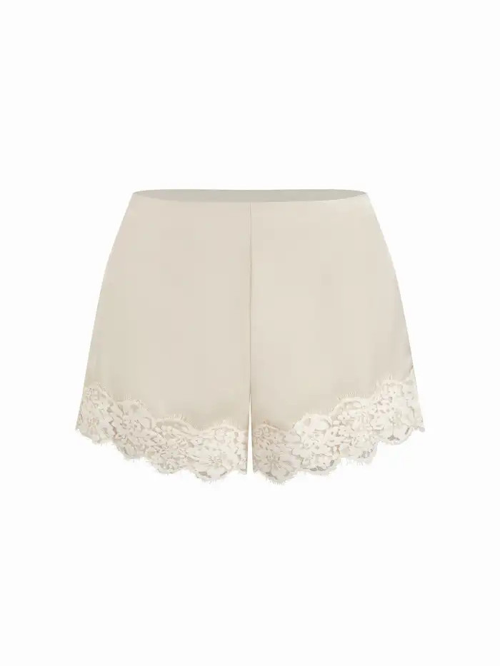 Wuthering Romance Satin Satin Mid Rise Solid Elastic Waist Floral Lace Shorts For Daily Casual | Cider