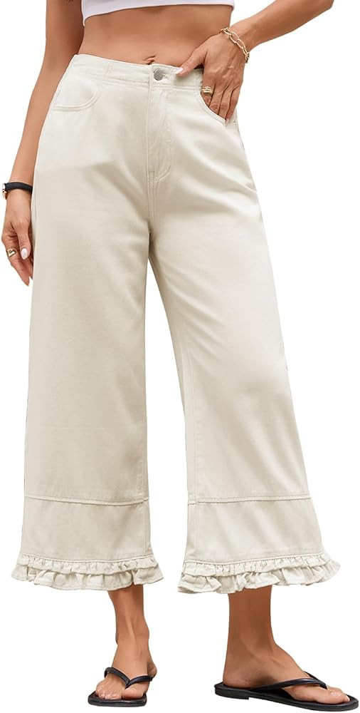 Kedera Women's Ruffle Wide Leg Jeans Pants Cropped Elastic High Waisted Baggy Denim Pants with Po... | Amazon (US)