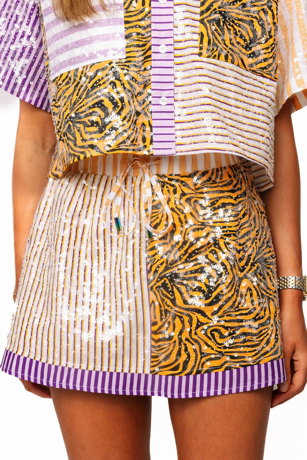 Purple, Yellow & Tiger Colorblock Sequin Skirt | Queen of Sparkles