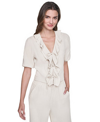Petite V-Neck Short Puff-Sleeve Tie-Front Shirt | Macy's