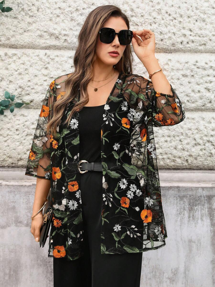 Miaspire Plus Size Floral Embroidery Sheer Casual Versatile Coat, For Summer/ Vacation Summer Kim... | SHEIN