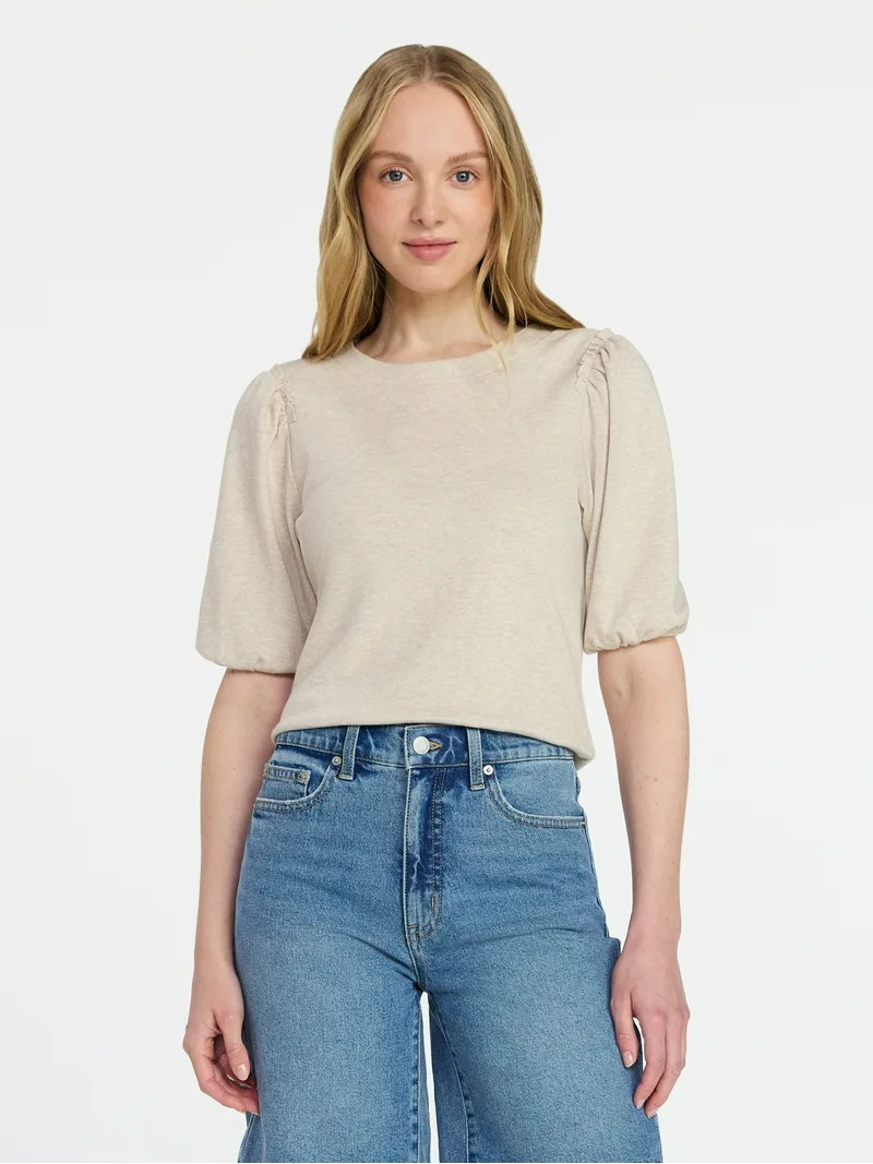 Time and Tru Women's Cotton Crewneck Tee with Puff Sleeves, Sizes XS-XXXL | Walmart (US)