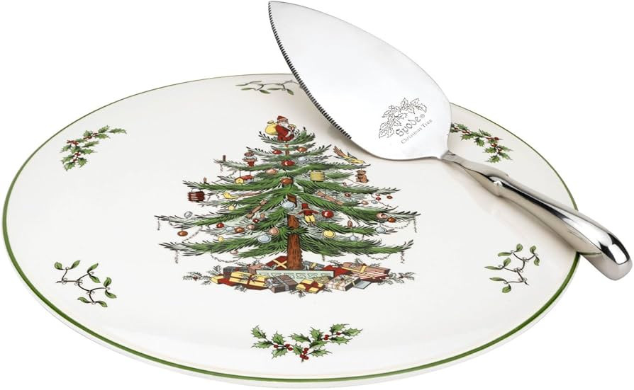 Spode Christmas Tree Cake Plate & Server Set - 11.5 Inch Fine Porcelain Cake Plate with Stainless... | Amazon (US)